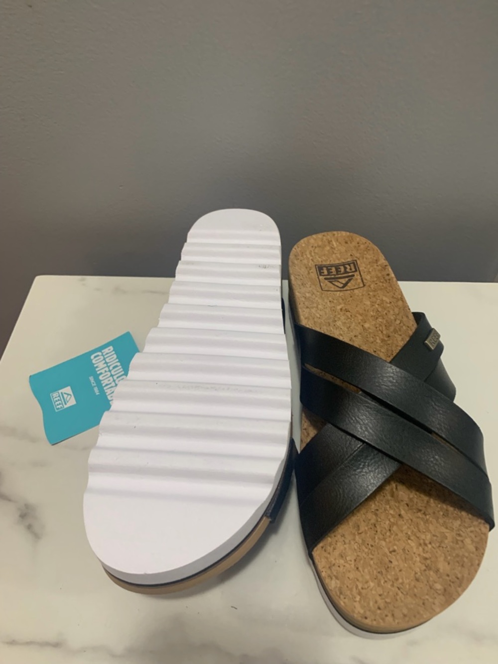 Reef black Kaia Criss Cork white Footbed Slide Sandals in Black 7